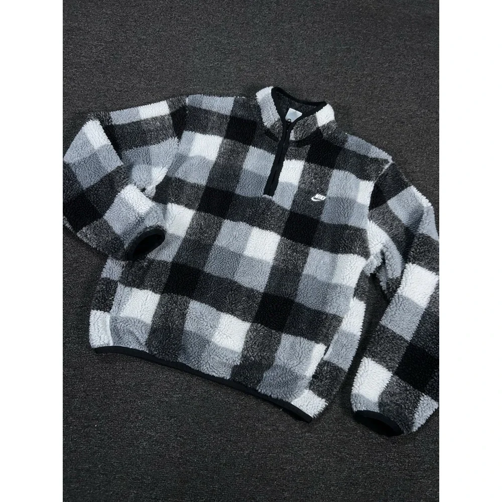 Nike Club Winterized Half Zip Men's Medium Black White Gingham Check Fleece